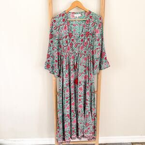 Mary Marshmallow Floral Boho Maxi Dress Mint Pink Tassel Tie Size Small